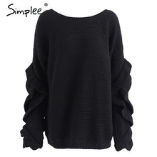 Load image into Gallery viewer, Simplee Ruffle knitted sweater women pullover female Casual loose round neck winter sweater Autumn pull femme knit jumper
