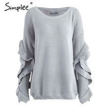 Load image into Gallery viewer, Simplee Ruffle knitted sweater women pullover female Casual loose round neck winter sweater Autumn pull femme knit jumper
