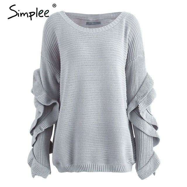 Simplee Ruffle knitted sweater women pullover female Casual loose round neck winter sweater Autumn pull femme knit jumper